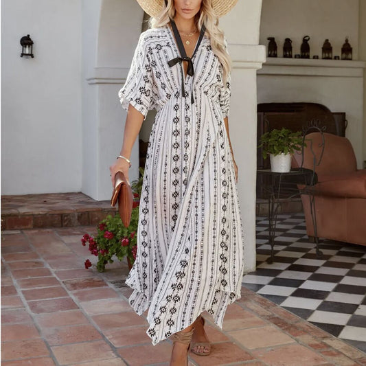 Robe Bohemian V Neck à manches courtes