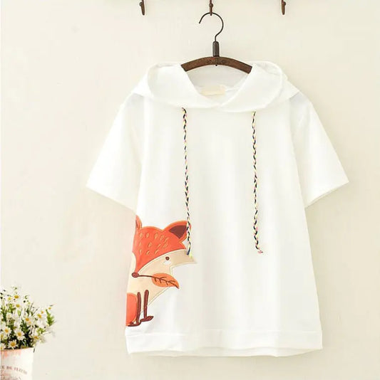 Cartoon Fox Print Loose Hoodie T-Shirt