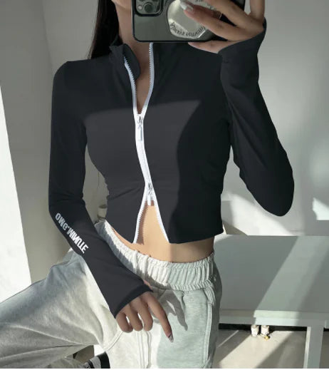 Veste courte à manches longues et fermeture éclair tendance