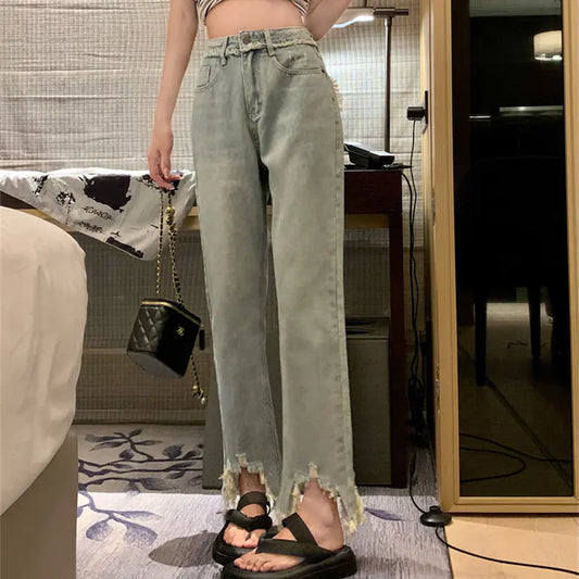 Jeans à Jambe Droite Effilochés et Déchirés